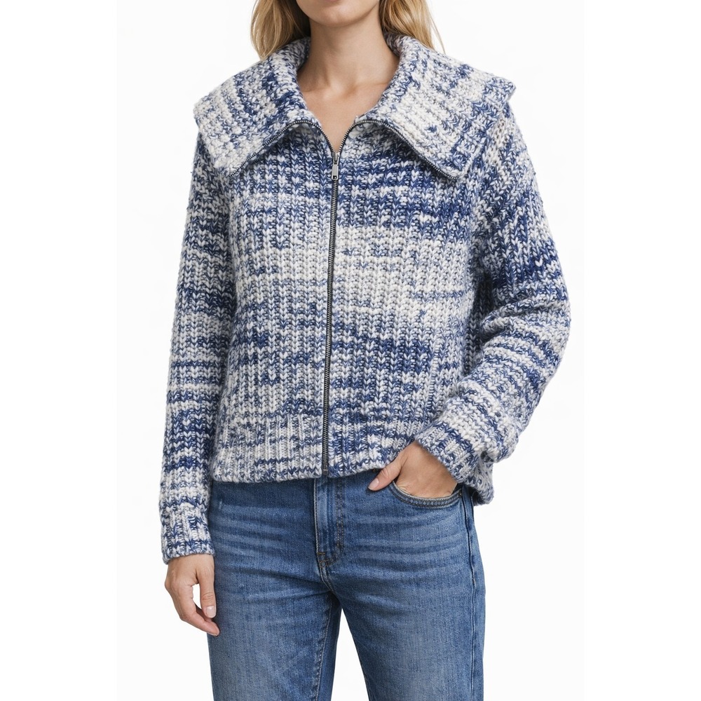 Sundance Women's Chunky Knit Zip Up Sweater Blue White Marled Collared Size S - Picture 1 of 15